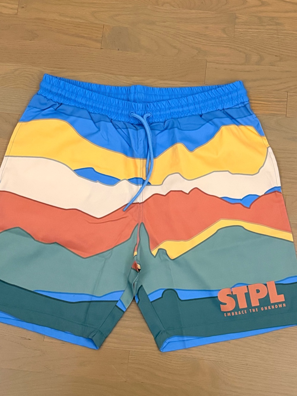 NWT XL Staple Multicolor Wave-Striped Swim Shorts in Blue, Yellow, Red, Green